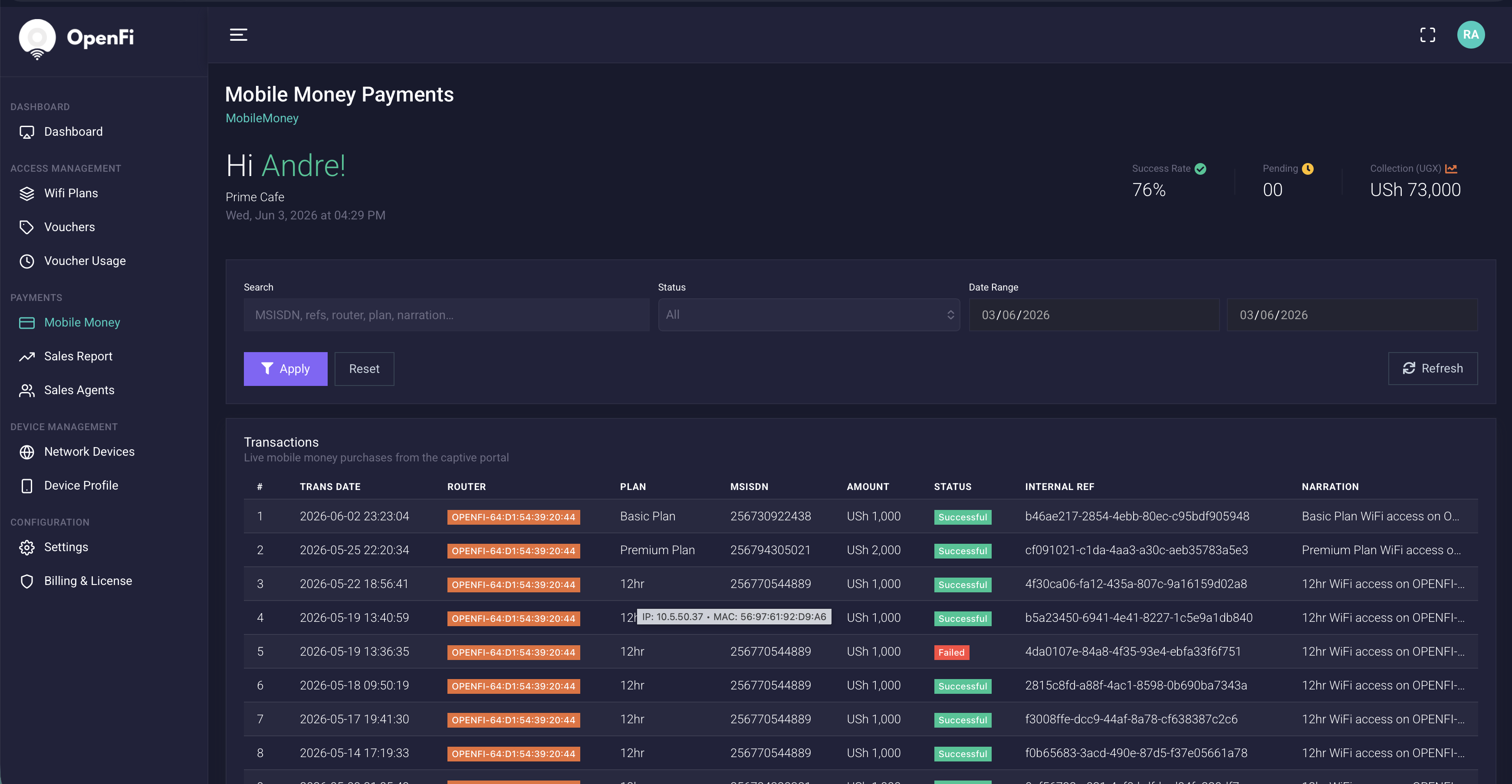 MobileMoney Payments screen