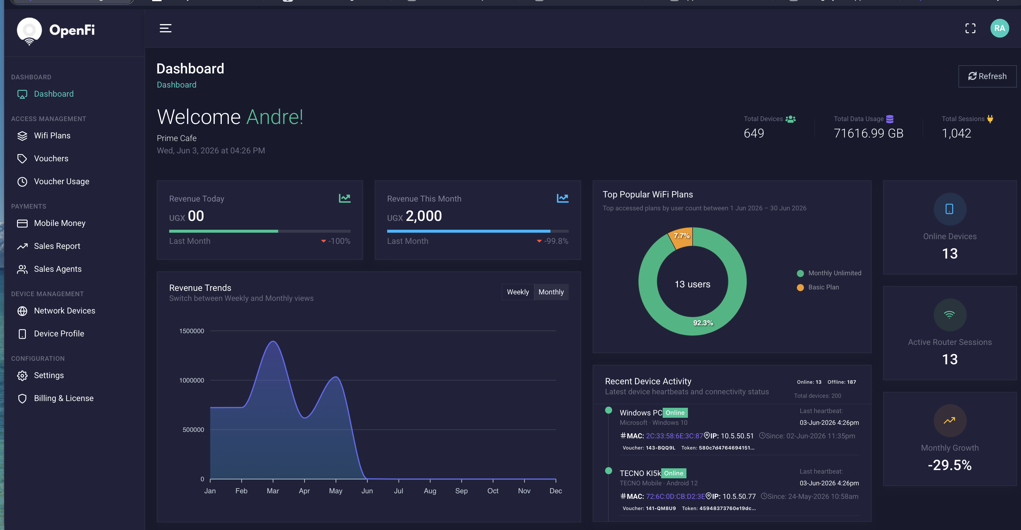 Dashboard overview screen