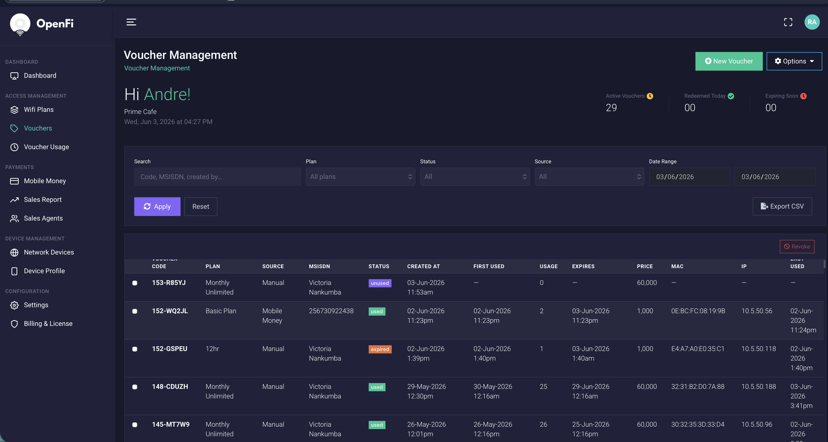 Voucher management screen